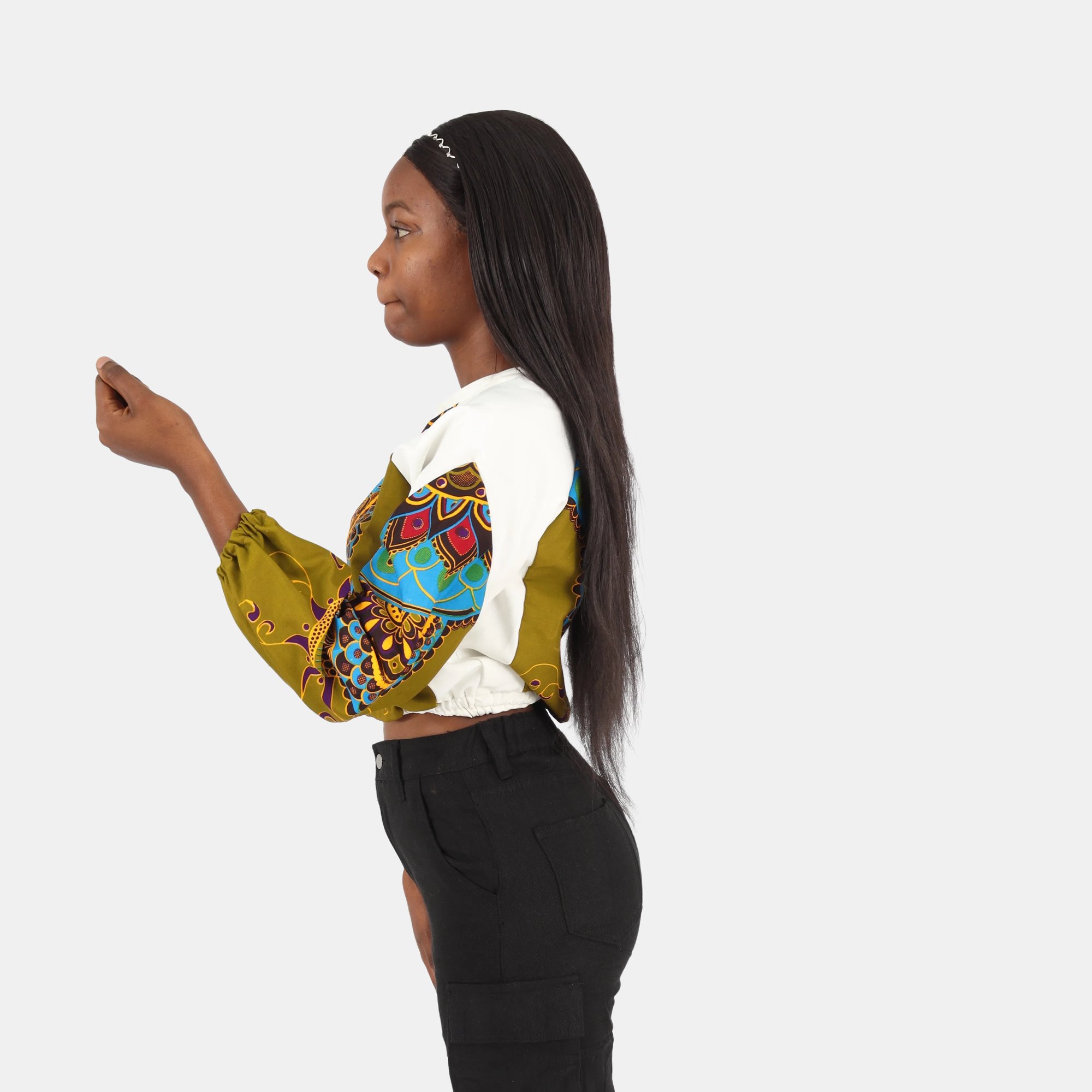 African Print 3/4 Sleeve Crop Top - Multicolour - Image 4