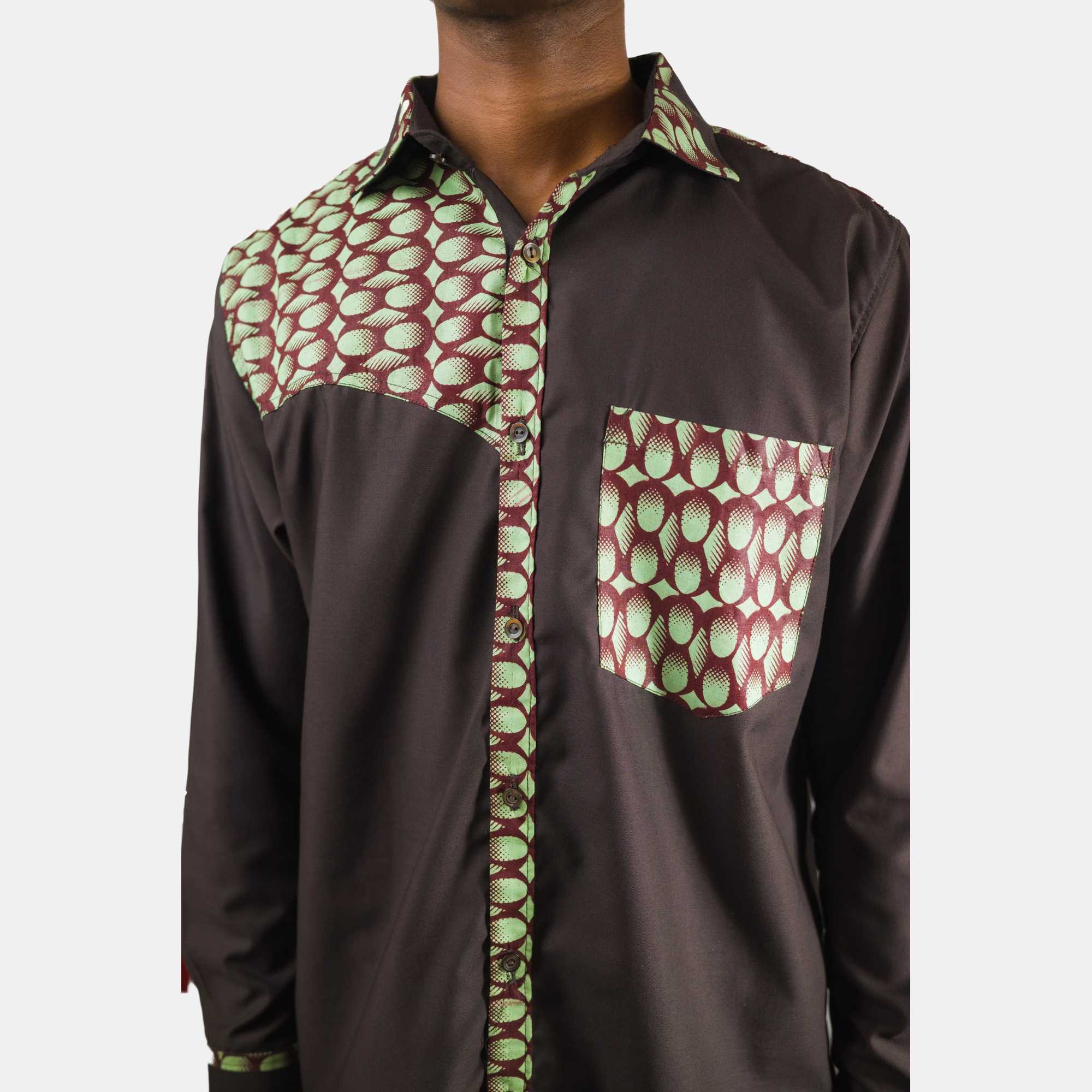 Men's Brown Long Sleeve Shirt with Traditional Circle Accents - Image 2