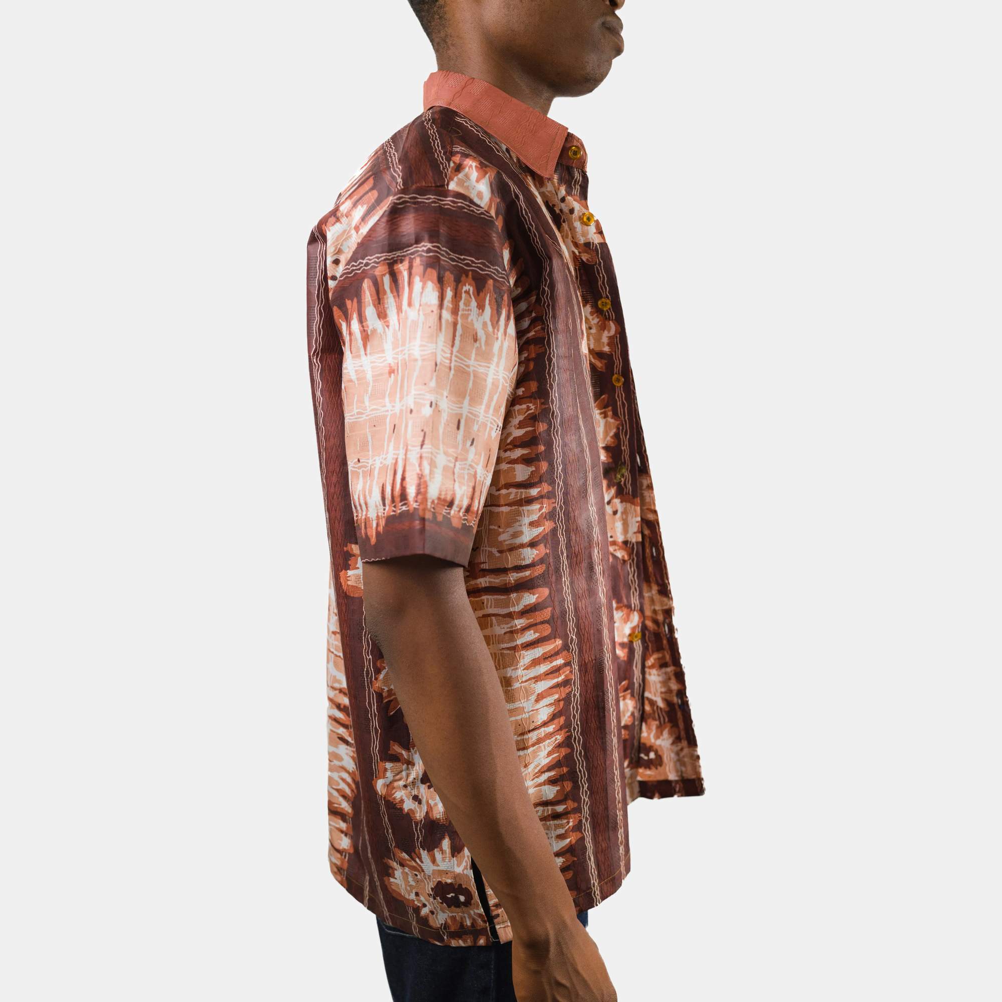 Men's Brown Short Sleeve Shirt with Floral Patterns - Image 3