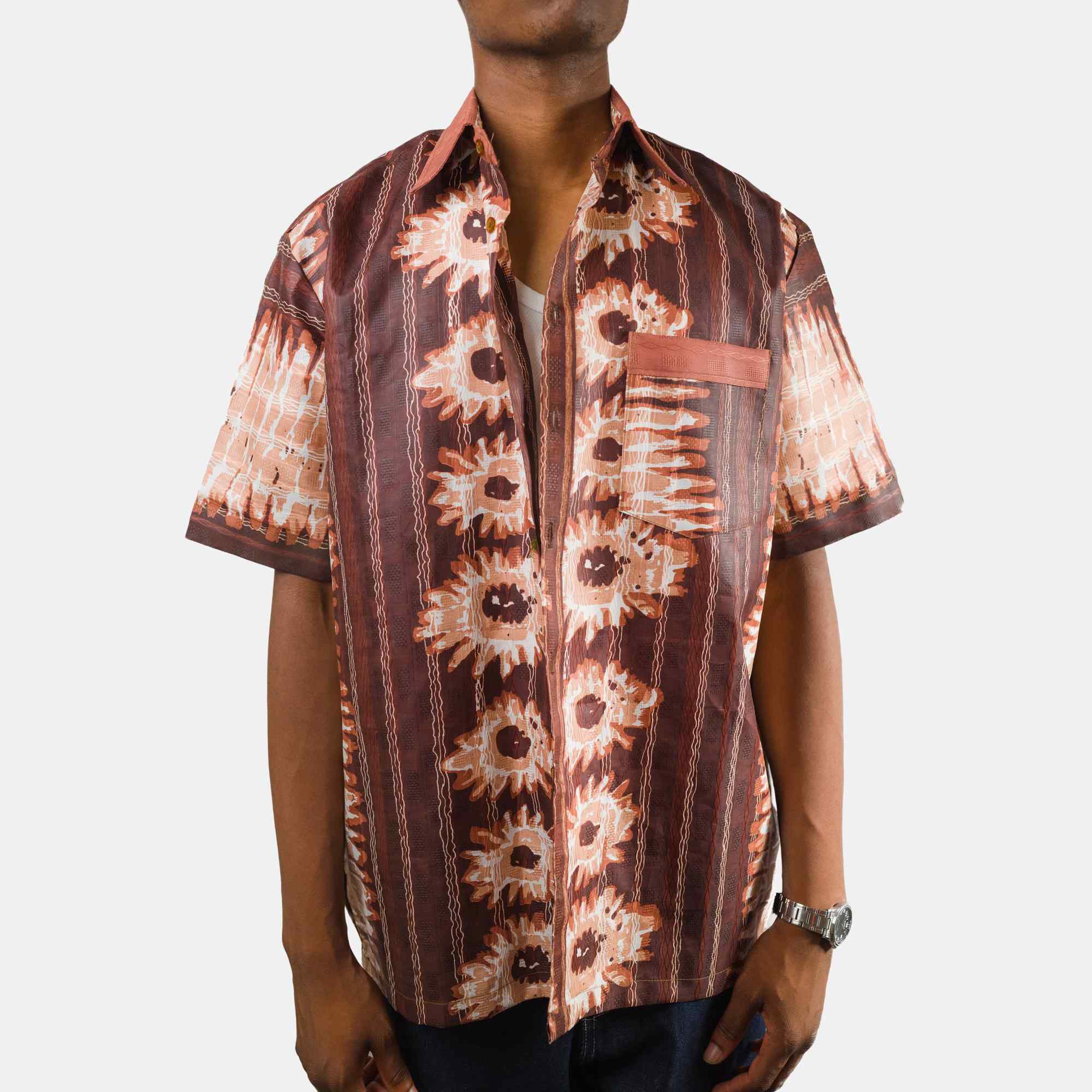 Men's Brown Short Sleeve Shirt with Floral Patterns