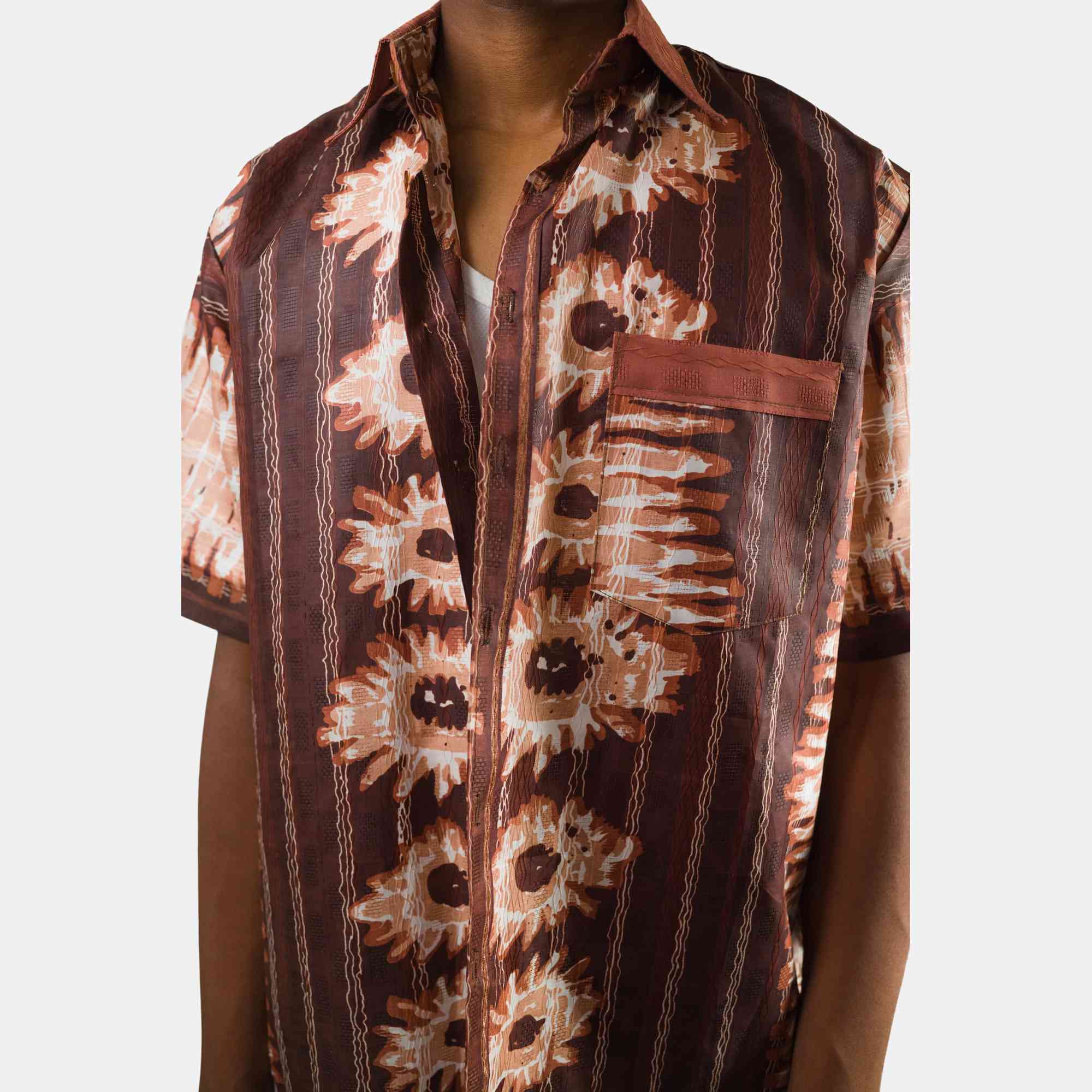 Men's Brown Short Sleeve Shirt with Floral Patterns - Image 2
