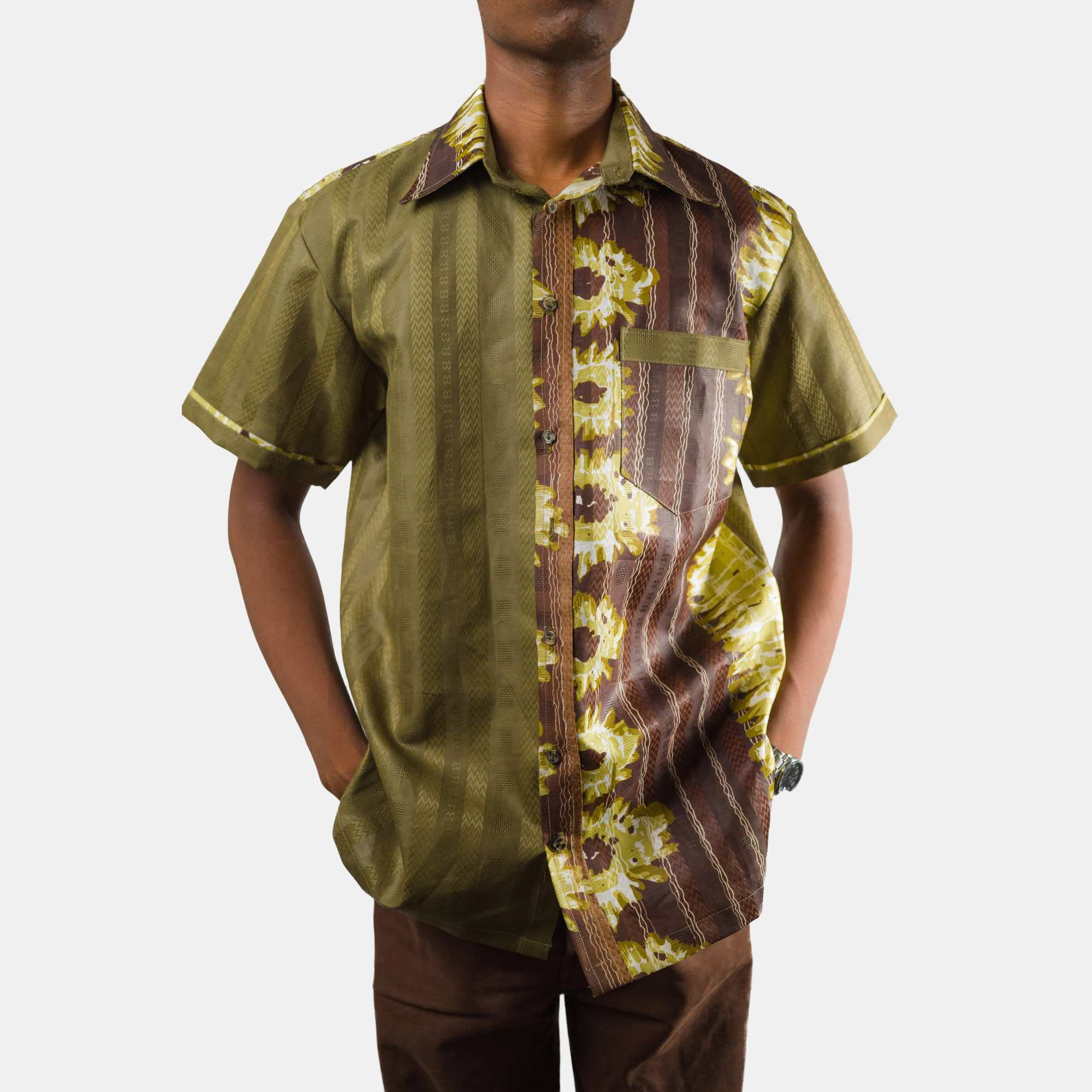 Men's Olive Green Short Sleeve Shirt with Floral Patterns