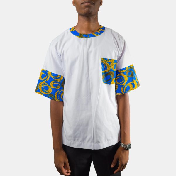 Men's White T-Shirt with Blue African Print Accent