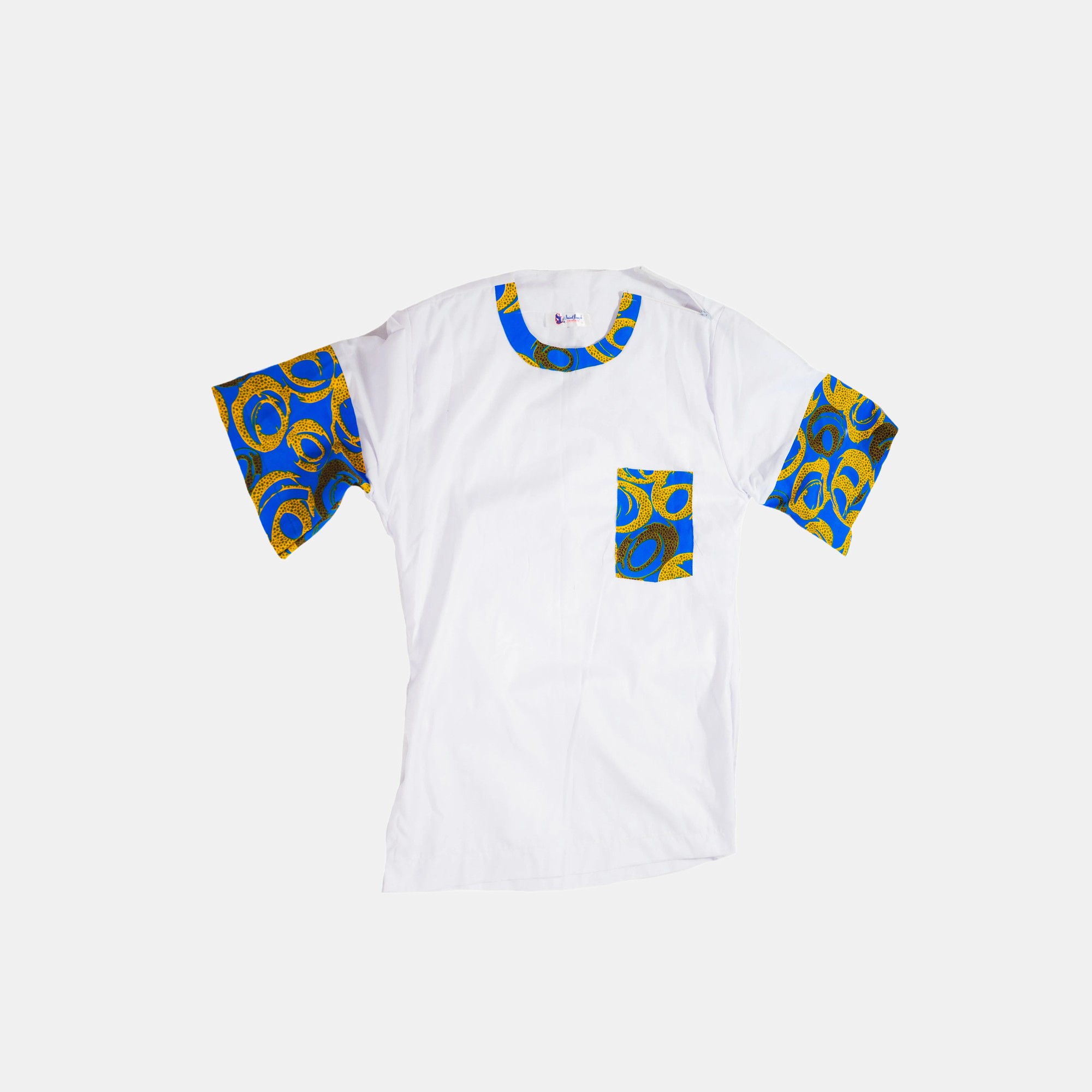 Men's White T-Shirt with Blue African Print Accent - Image 5