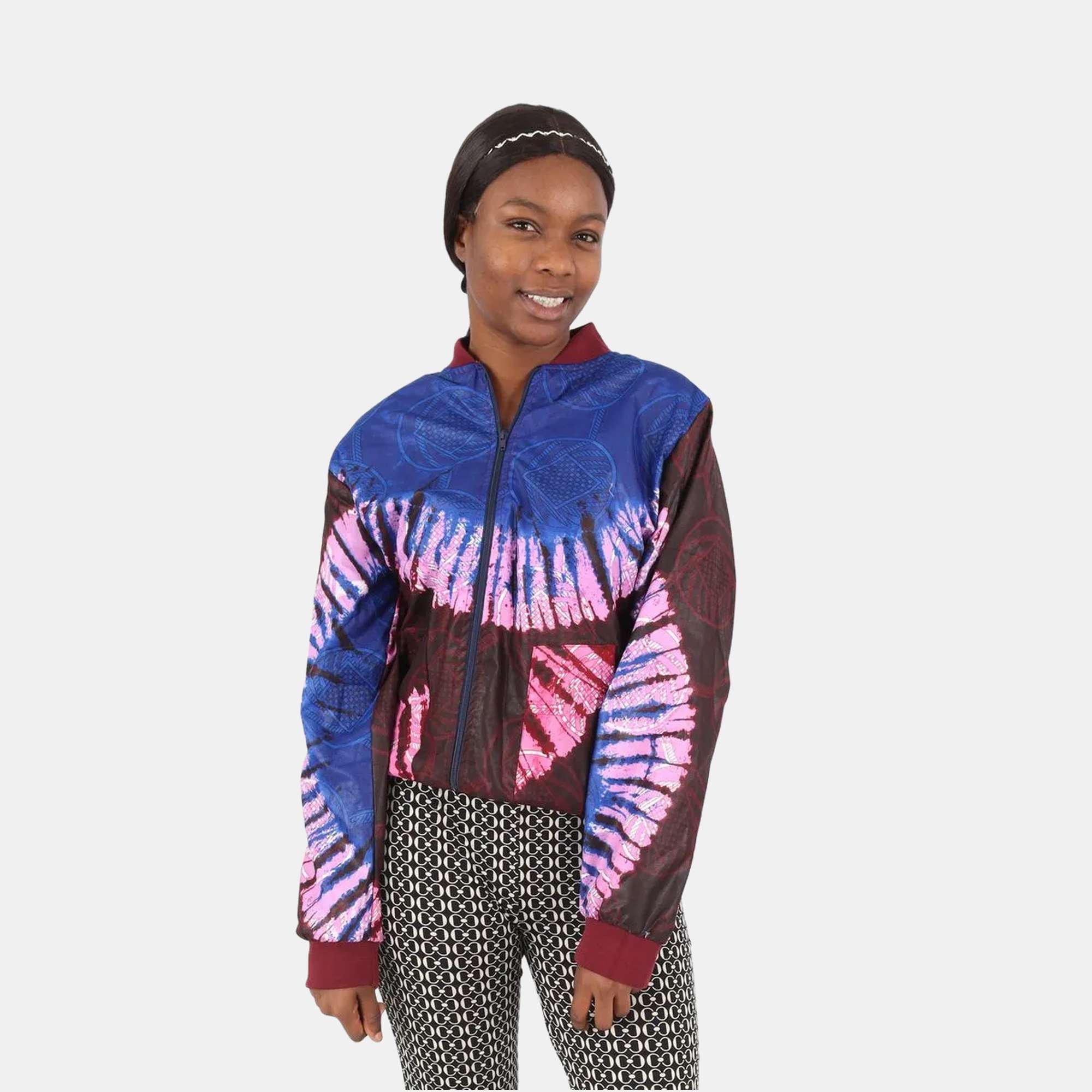 Unisex African Print Bomber Jacket - Blue, Pink - Image 6