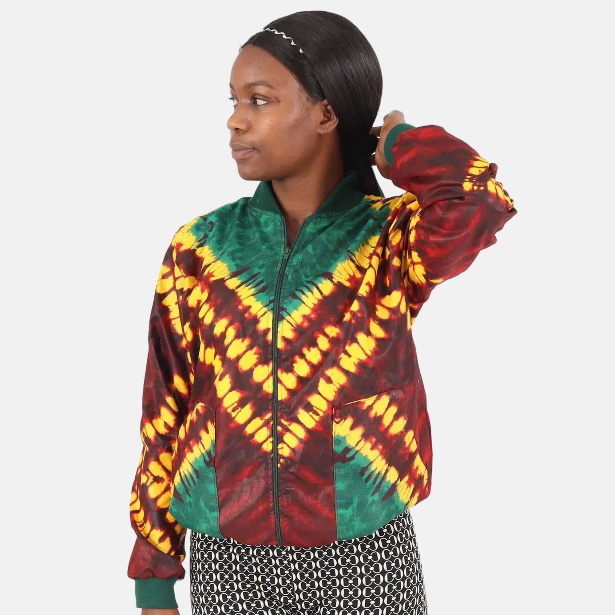 Unisex African Print Bomber Jacket - Green, Yellow - Image 5