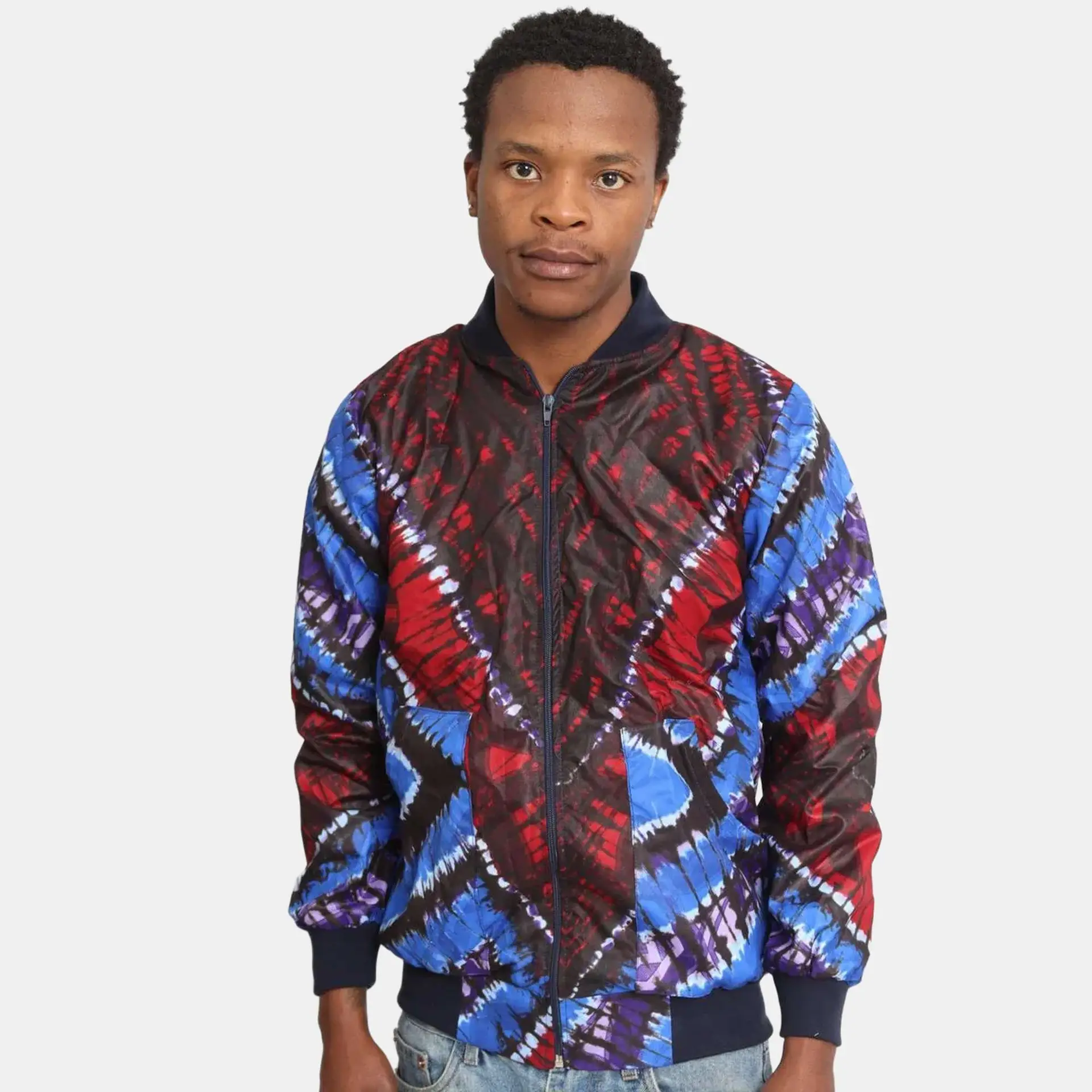 Unisex African Print Bomber Jacket - Red, Blue - Image 4