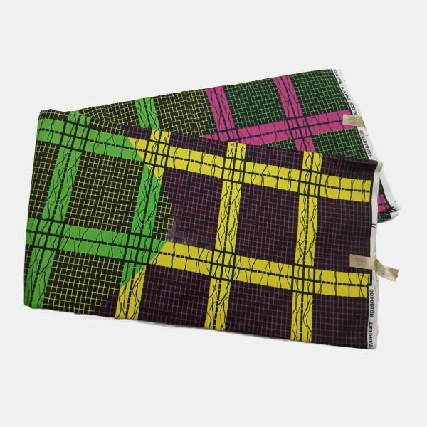 6-Yard Midnight Matrix Classic Ankara fabric featuring neon yellow, lime green, and magenta grid patterns on a black background.