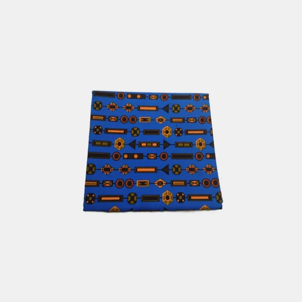 Royal Gem Stream ankara fabric in vibrant blue with vertical orange and olive geometric shapes
